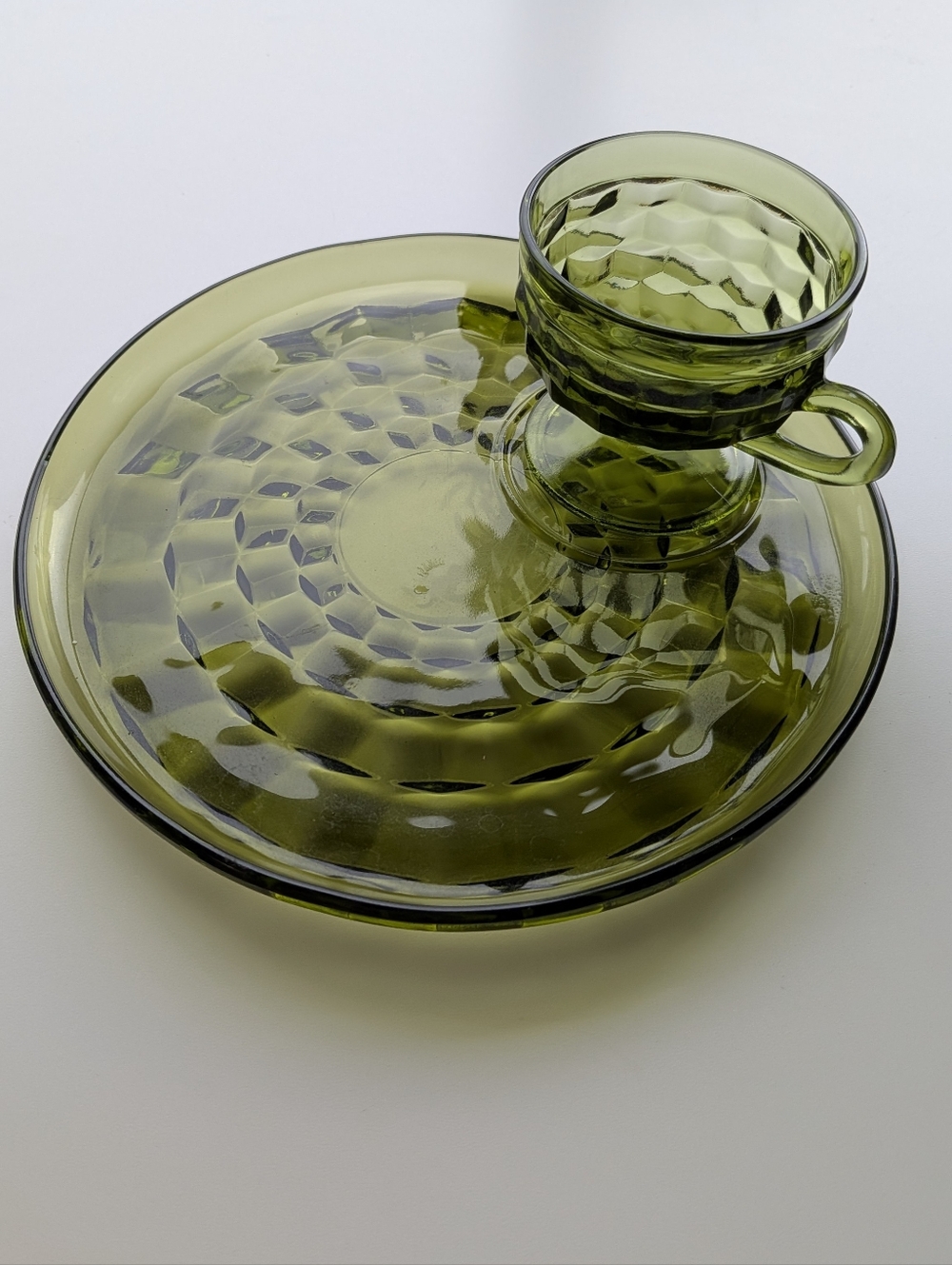 Vintage Set of 4 Green Whitehall Snack Plates and Tea Cups, Indiana Glass